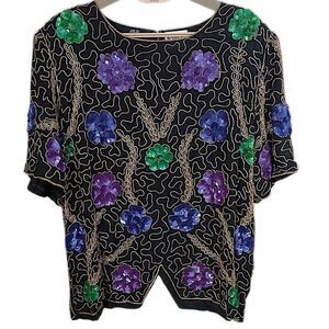 Brownstone Woman Sequin Cocktail Top XL Silk Evening Party Colorful Vtg Sparkler